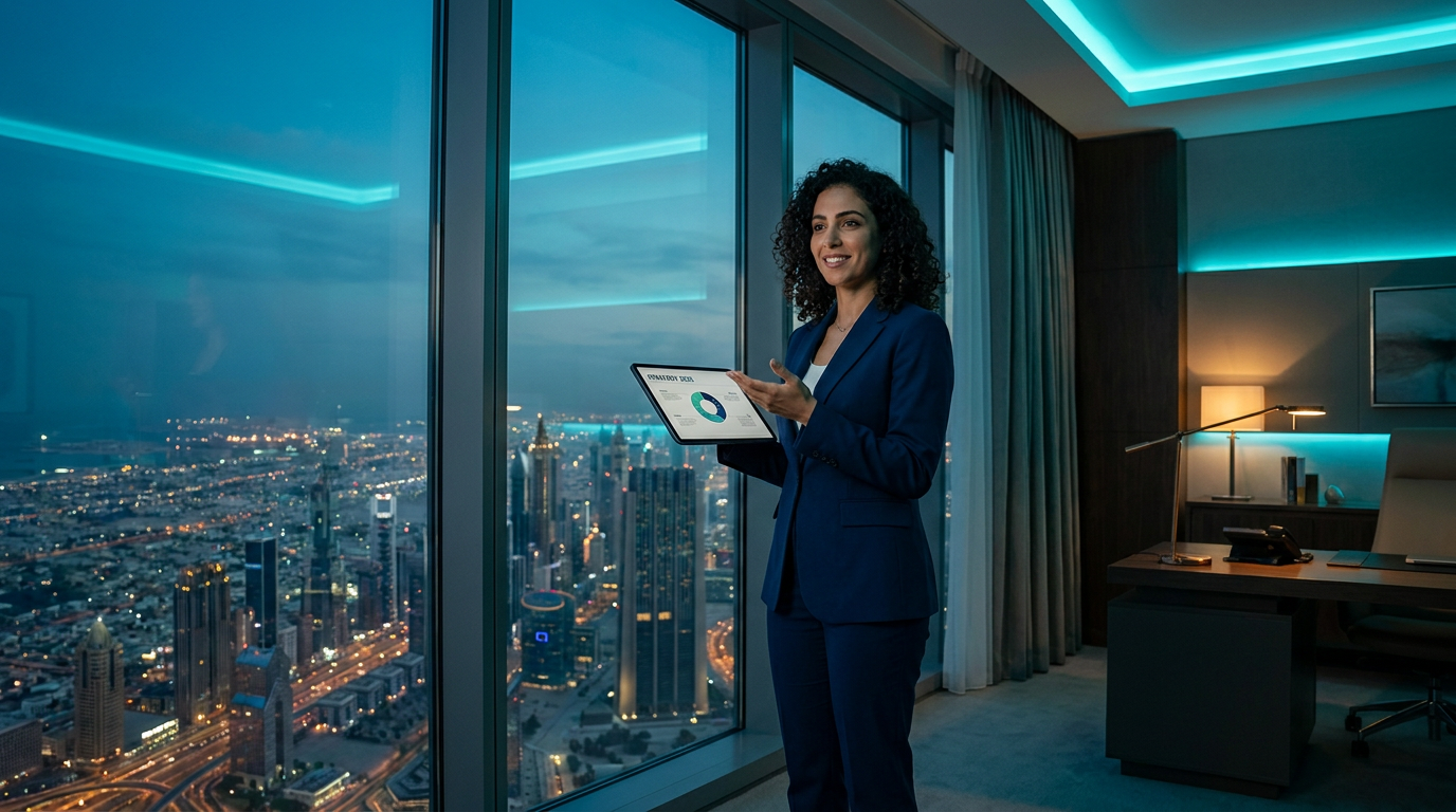 Executive presenting strategy in a premium office overlooking the city skyline