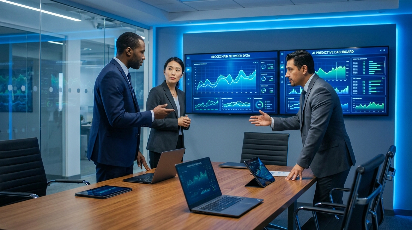 Analysts collaborating over live blockchain and AI data dashboards in a boardroom