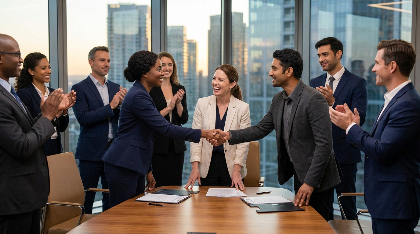 Business executives closing a partnership deal in a modern boardroom