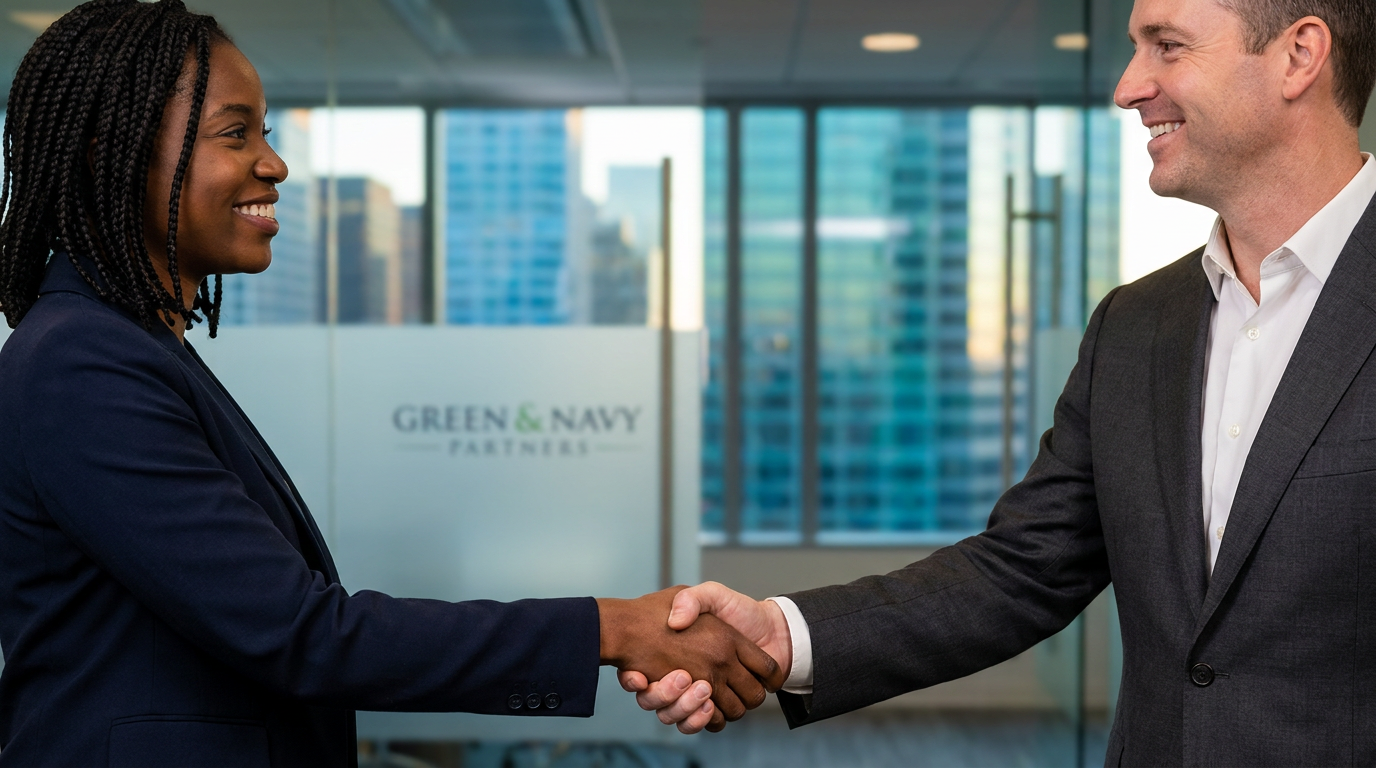 Executives sealing a partnership with a handshake in front of the city skyline