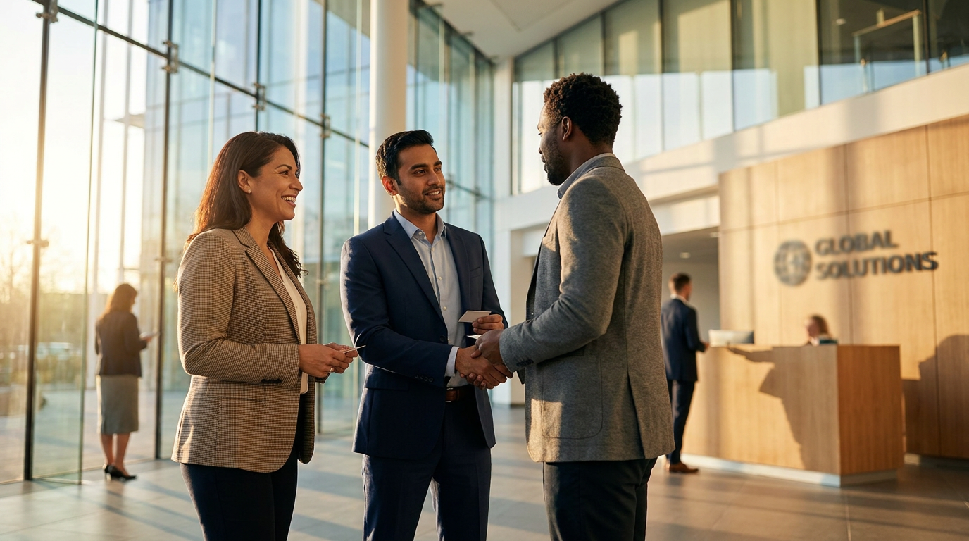 Professionals networking in a modern enterprise lobby atrium